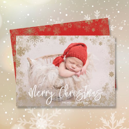 Gold Snowflakes Christmas Photo Birth Announcement