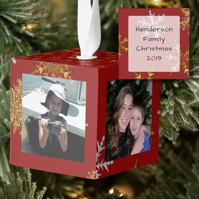 Gold Snowflakes Christmas Photos Cube Ornament (Creator Uploaded)