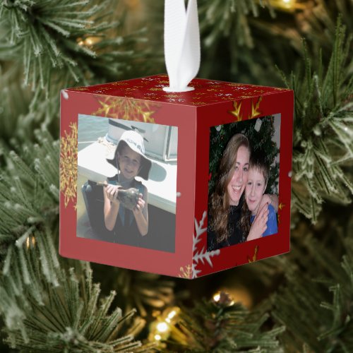 Gold Snowflakes Christmas Photos Cube Ornament