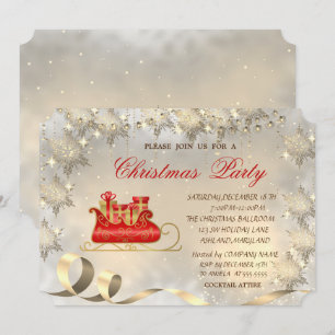 Gold Snowflakes,Christmas Sleigh Party Invitation