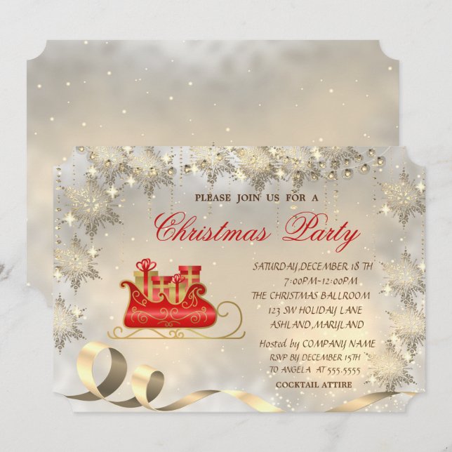 Gold Snowflakes,Christmas Sleigh Party  Invitation (Front/Back)