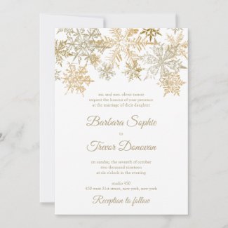 Gold Snowflakes Christmas Themed Winter Wedding Invitation