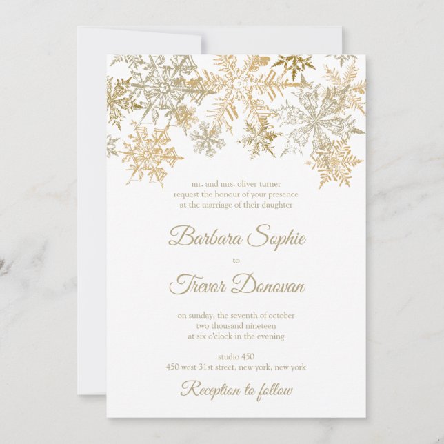 Gold Snowflakes Christmas Themed Winter Wedding Invitation (Front)