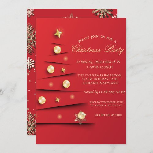 Gold SnowflakesChristmas Tree Balls Red Company Invitation