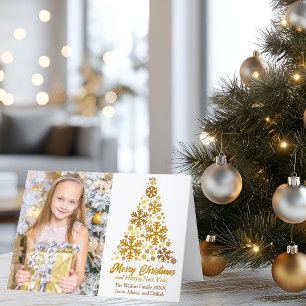 Gold Snowflakes Christmas Tree Family Photo Folded Holiday Card