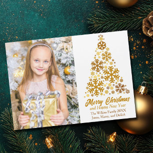Gold Snowflakes Christmas Tree Photo Magnetic Card
