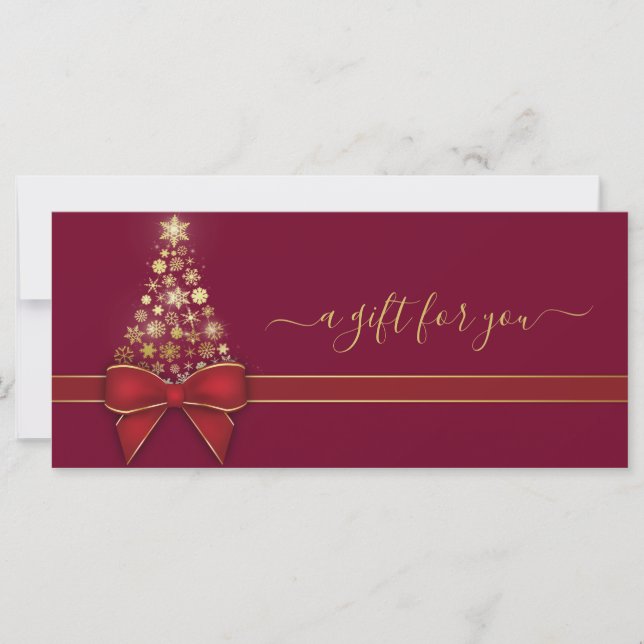 Gold Snowflakes Christmas Tree Red Bow Gift Card (Front)