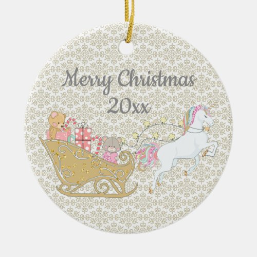 Gold Snowflakes Christmas Unicorn Santas Sleigh Ceramic Ornament