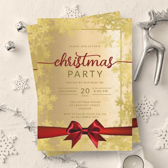Gold Snowflakes Company Christmas Red Ribbon Invitation (Gold Snowflakes Company Christmas Red Ribbon Invitation)
