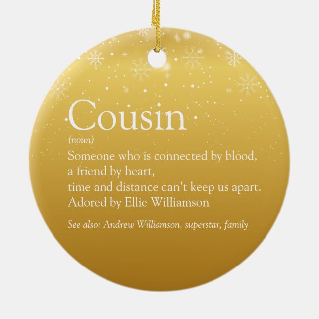 Gold Snowflakes Cousin Definition Holidays Ceramic Ornament (Back)