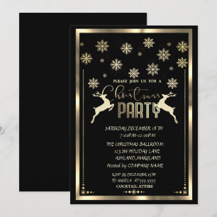 Gold Snowflakes,Deer Black Company Christmas Party Invitation