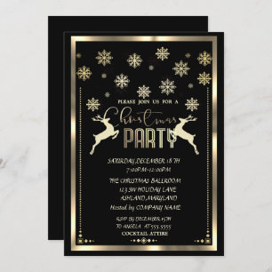 Gold Snowflakes,Deer Black Company Christmas Party Invitation