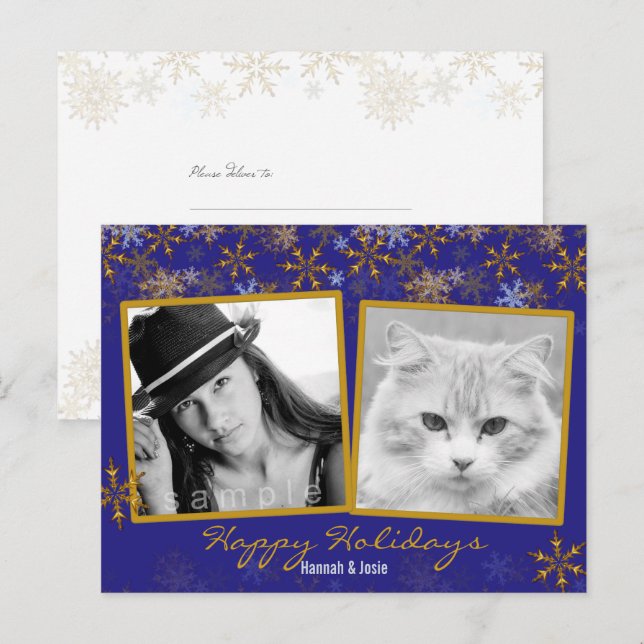 Gold Snowflakes Double Photo Christmas Postcard (Front/Back)