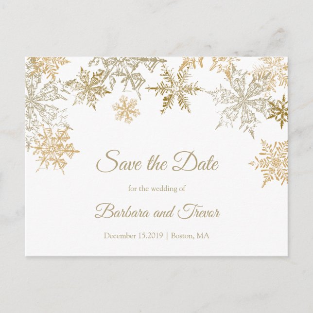 Gold Snowflakes Elegant Winter Save the Date Announcement Postcard (Front)