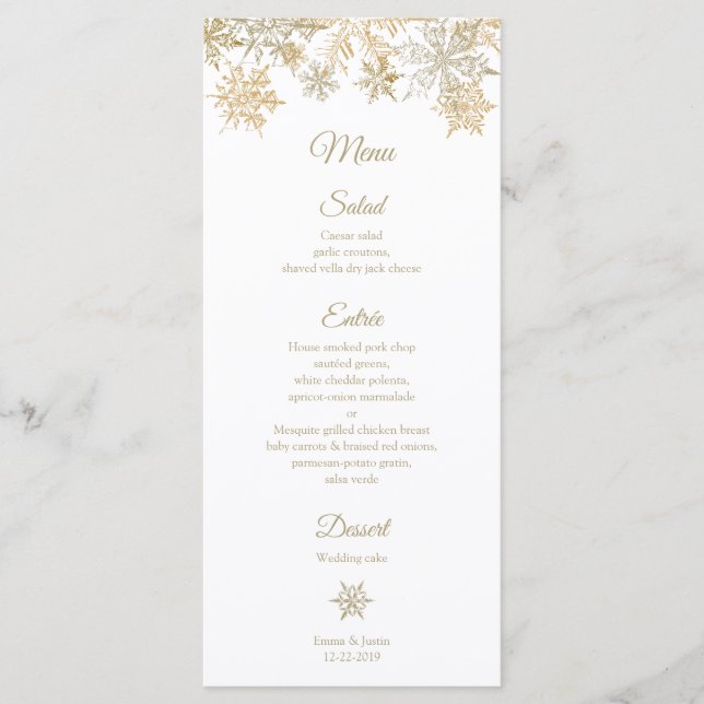 Gold Snowflakes Elegant Winter Wedding Rackcard Menu (Front)