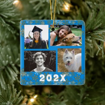 Gold Snowflakes Family Photo Collage Dated Ceramic Ornament by holiday_store at Zazzle