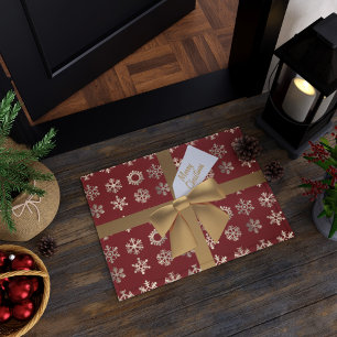 Gold Snowflakes Faux Bow Red Christmas Doormat