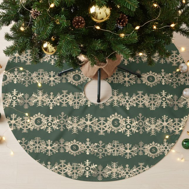 Gold Snowflakes Forest Green Christmas Tree Skirt (A rich forest green christmas tree skirt with gold snowflakes and your initial.)