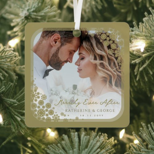 Gold Snowflakes Frame Modern Holiday Wedding Photo Metal Ornament
