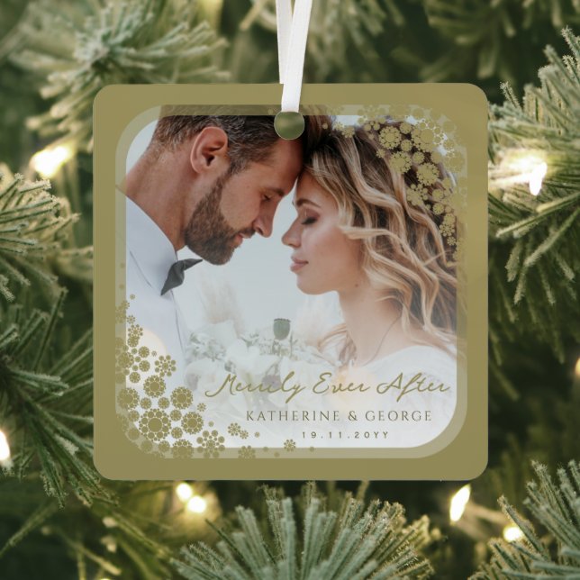 Gold Snowflakes Frame Modern Holiday Wedding Photo Metal Ornament (Insitu)