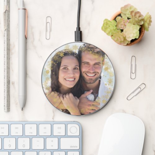 Gold Snowflakes Frame Photo Template Wireless Charger