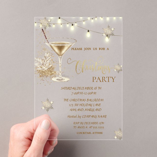 Gold Snowflakes,Glass,Lights Green Christmas  Acrylic Invitations (Insitu (Handheld))