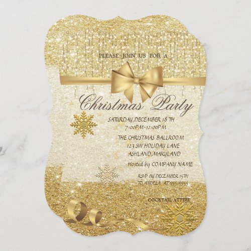 Gold Snowflakes GlitterCompany Christmas Party Invitation