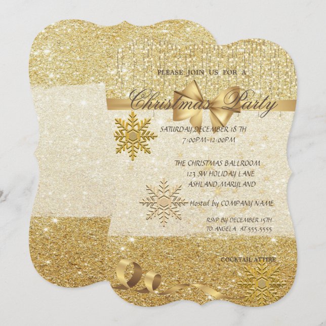 Gold Snowflakes ,Glittery,Company Christmas Party Invitation (Front/Back)