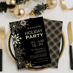 Gold Snowflakes Gold Plaid & Black Holiday Glam Foil Invitation
