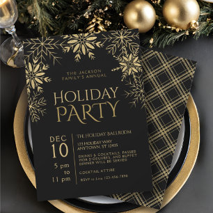Gold Snowflakes Gold Plaid & Black Holiday Glam Invitation