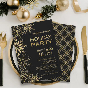 Gold Snowflakes Gold Plaid & Black Holiday Glam Invitation