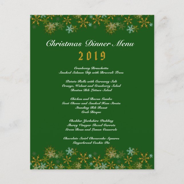 Gold Snowflakes Green Christmas Dinner Menu (Front)
