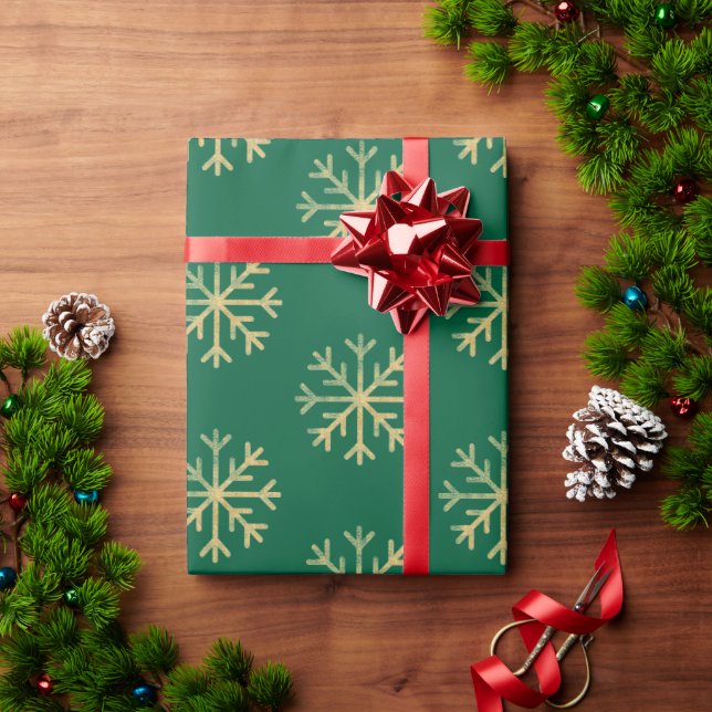 Gold Snowflakes Green Christmas Holiday Gift  Wrapping Paper (Holiday Gift)