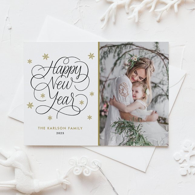 Gold Snowflakes Happy New Year Photo Holiday Card (Gold Snowflakes Happy New Year Photo Holiday Card)