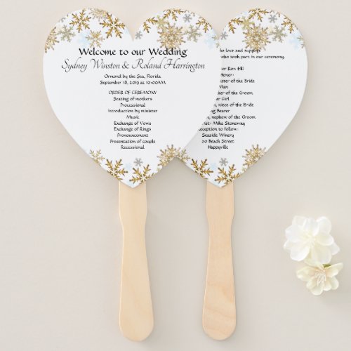 Gold Snowflakes Heart_Shaped Wedding Fan Program