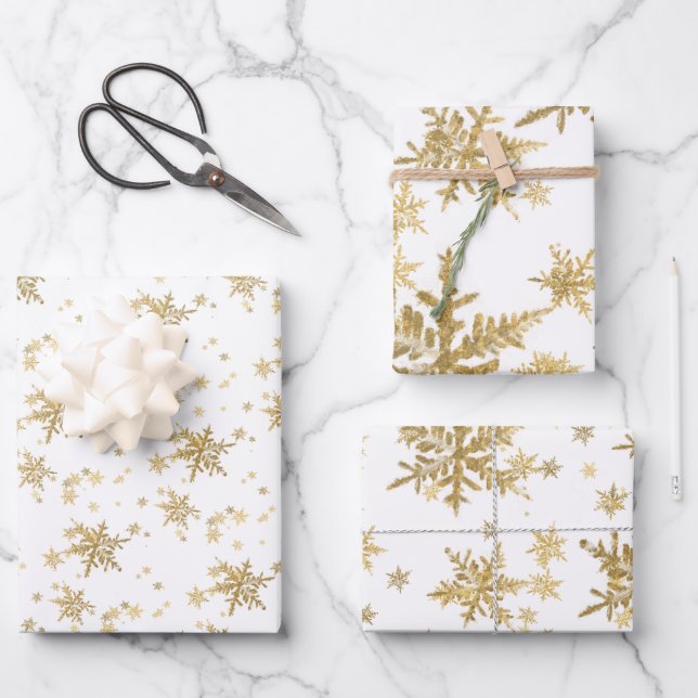 Gold Snowflakes Holiday Wrapping Paper Sheets (Front)