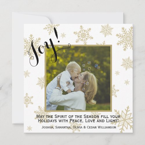 Gold Snowflakes Joy Square Photo Christmas Card