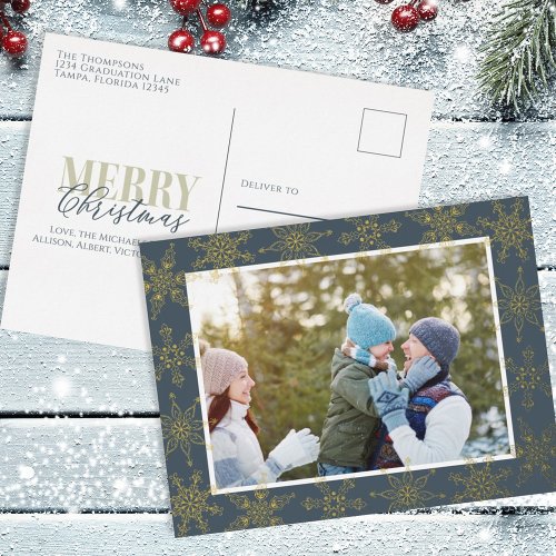 Gold Snowflakes Merry Christmas Photo Foil Holiday Postcard