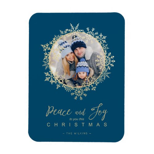 Gold Snowflakes Merry Christmas Round Family Photo Magnet