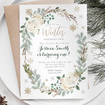Gold Snowflakes Modern Forest Rustic Onederland  Invitation by HappyPartyStudio at Zazzle