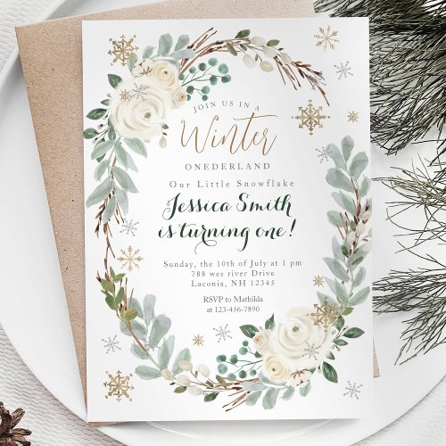 Gold Snowflakes Modern Forest Rustic Onederland  Invitation