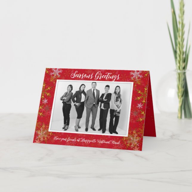 Gold Snowflakes Office Photo Corporate Christmas Holiday Card (Front)