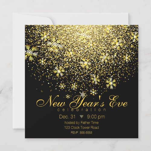 Gold Snowflakes on Black New Years Eve Party Invitation