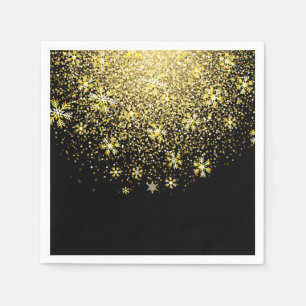 Gold Snowflakes on Black New Year's Eve Party Napkins