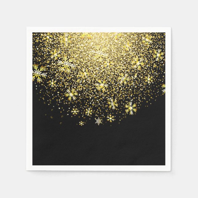 Gold Snowflakes on Black New Year's Eve Party Napkins (Front)
