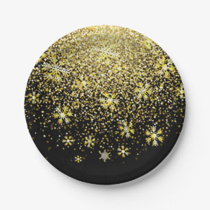 Gold Snowflakes on Black New Year's Eve Party Paper Plates