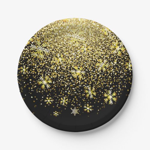 Gold Snowflakes on Black New Years Eve Party Paper Plates