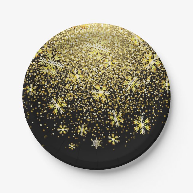 Gold Snowflakes on Black New Year's Eve Party Paper Plates (Front)