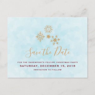 Gold Snowflakes on Blue Frost Save The Date Postcard