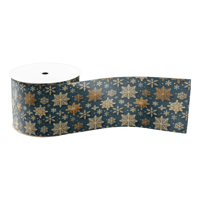 Gold Snowflakes on Dark Blue Grosgrain Ribbon (Spool)